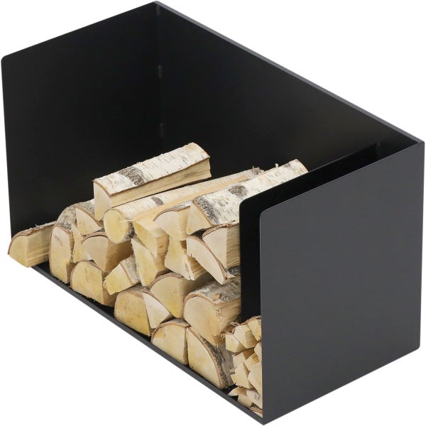 Brennholzregal aus Metall mit Holzscheiten