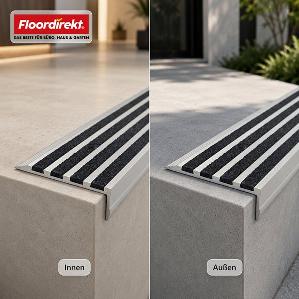 Treppenkantenprofil aus Aluminium mit Antirutschstreifen für die Anwendung im Innen- und Außenbereich von Floordirekt Logo