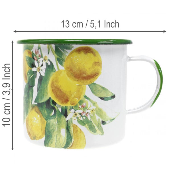 Emaille-Becher mit Zitronen-Motiv, Höhe 10 Zentimeter, Breite 13 Zentimeter.