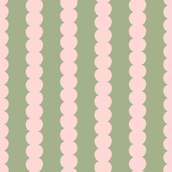 Tapete mit vertikalen Streifen aus aneinandergereihten rosa Kreisen.