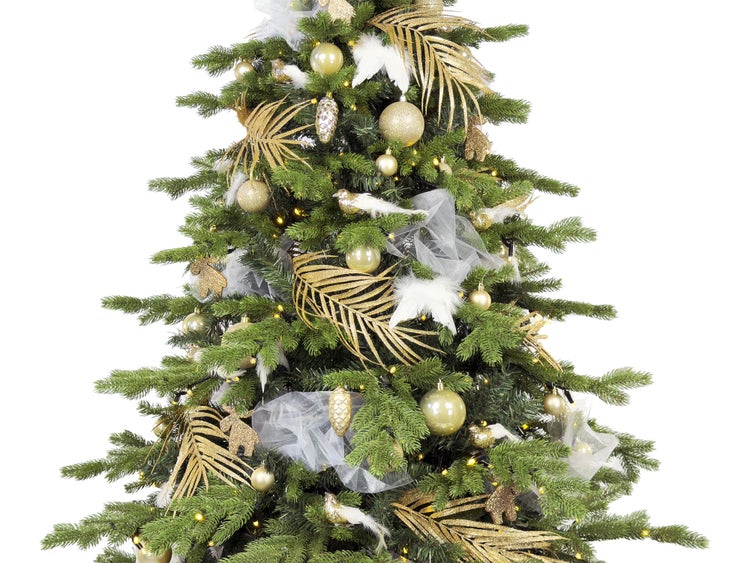 Dekorierter künstlicher Weihnachtsbaum mit 132 Ornamenten SAMETTE DELIGHT II 210 cm mit Ständer und Weihnachtsschmuck grün