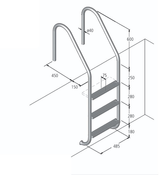 Abbildung einer Poolleiter mit Maßen.