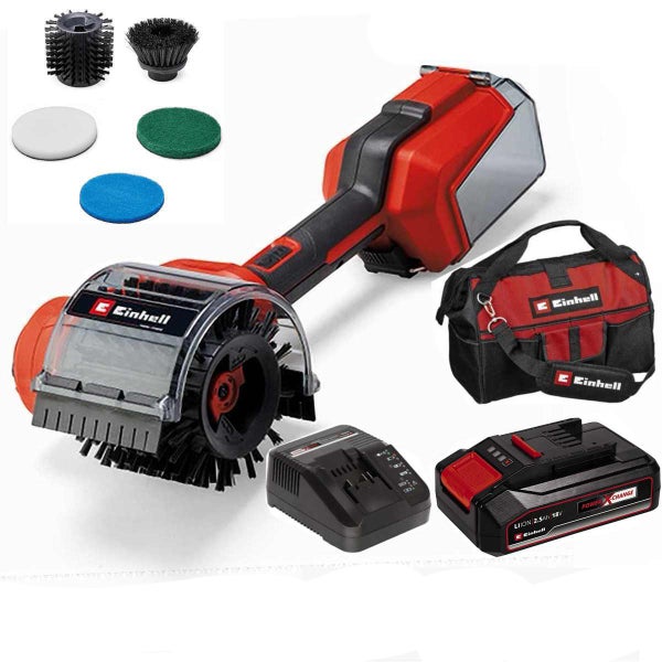 Einhell Akku Oberflächenbürste mit Zubehör, Ladegerät, Akku und Tasche für die Reinigung von verschiedenen Oberflächen im Außenbereich.