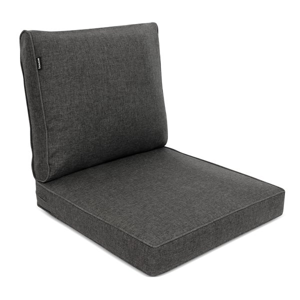 Zweiteiliges dunkelgraues Gartenlounge-Kissen-Set bestehend aus einem Sitzkissen und einem Rückenkissen mit melierter Struktur.