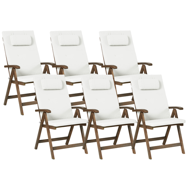 Sechser-Set klappbare Gartenstühle aus dunklem Holz mit weißen Auflagen und Kopfpolstern.