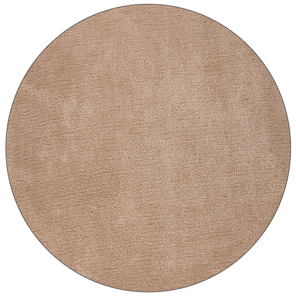Runder Teppich in Beige mit strukturierter Oberfläche.