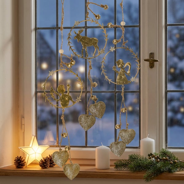 Dekorativer Weihnachtsanhänger mit Motiven von Elch und Engeln in Ringen sowie Herzen an Schnüren vor einem Fenster mit Kerzen und Tannenzweigen.