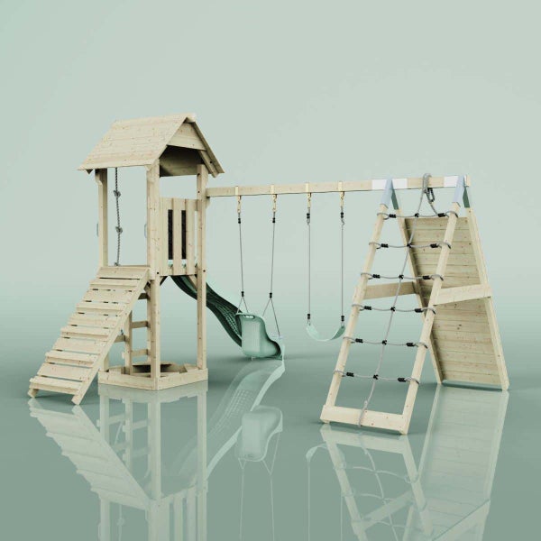 Spielturm aus Holz mit Kletterwand, Kletterseil, Strickleiter, zwei Schaukeln und Rutsche.