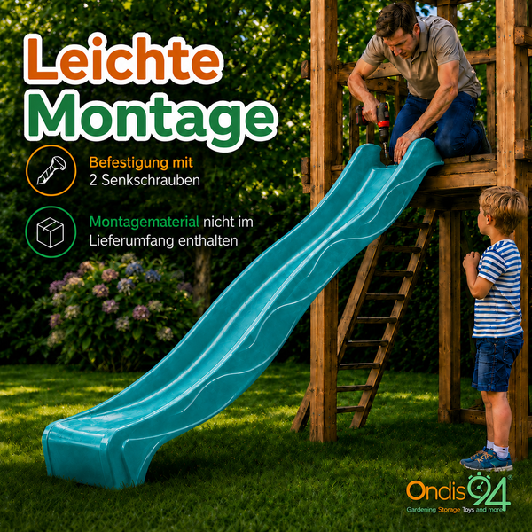 Mann montiert Kunststoff-Wellenrutsche mit zwei Senkschrauben an Holzgerüst, ein Kind sieht zu. Montagematerial nicht enthalten. Ondis24 Logo.