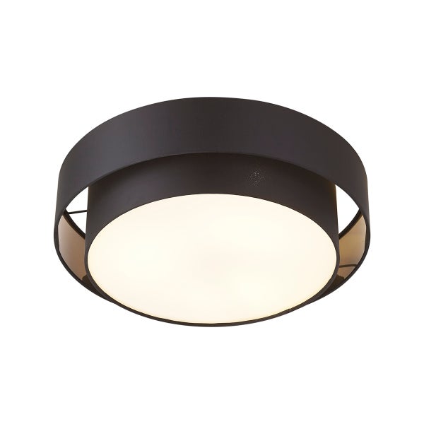 Moderne runde Deckenleuchte mit schwarzem Metallrahmen und weißem Diffusor.