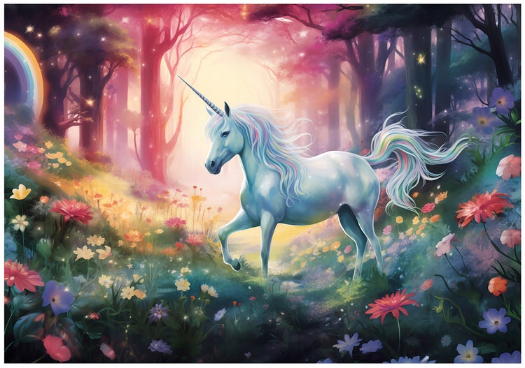 Illustration eines Einhorns in einem Blumenfeld mit Bäumen und Regenbogen