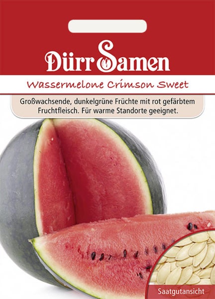 Dürr Samen Logo, Samentüte für Wassermelone Crimson Sweet mit Abbildung einer Frucht und Saatgutansicht.