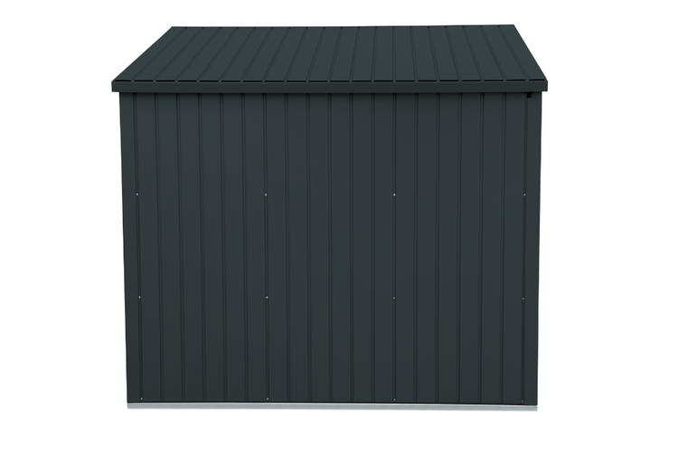 Gerätehaus aus Metall mit Pultdach und Wellblechprofil.