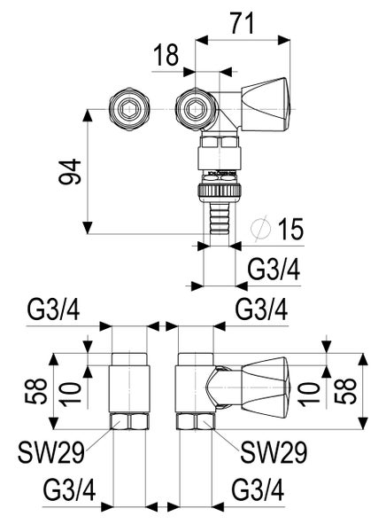 Maßzeichnung eines Geräteventils mit G 3/4 Zoll Anschluss, inklusive detaillierter Abmessungen in Millimetern.