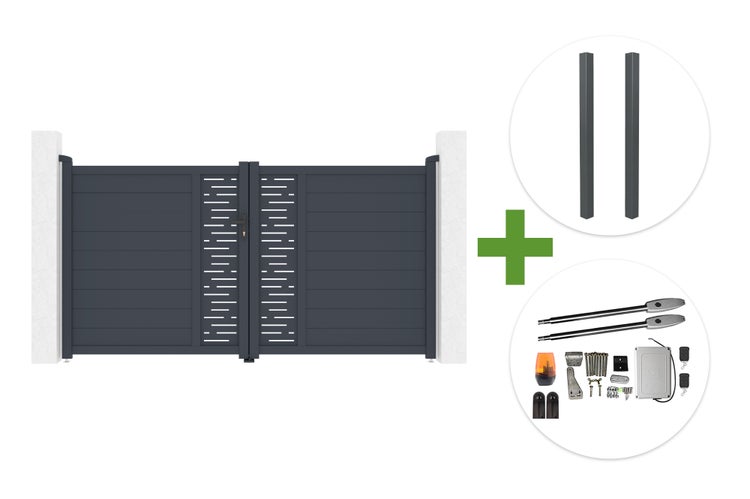Zweiflügeliges Einfahrtstor aus Aluminium inklusive zwei Pfosten und elektrischem Torantrieb-Set.