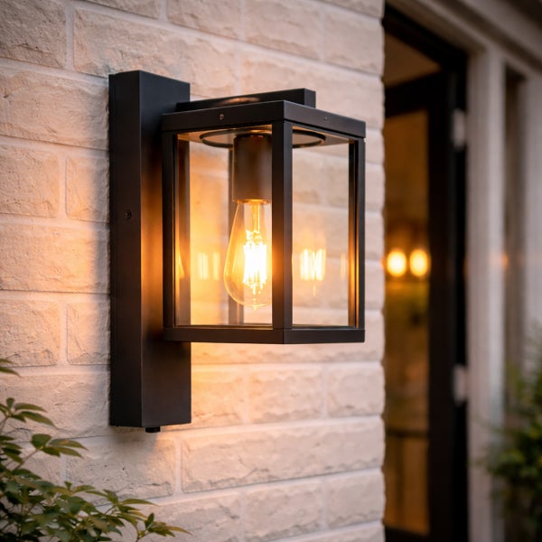 Moderne rechteckige Außenwandleuchte aus schwarzem Metall und Glas mit leuchtendem LED-Leuchtmittel an einer Ziegelwand.