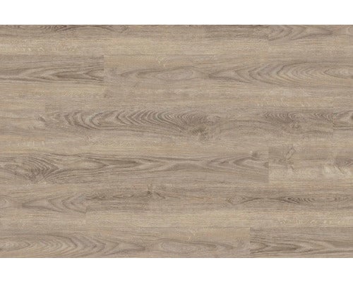 Laminatboden in grauer Holzoptik mit naturgetreuer Maserung und Astlöchern.