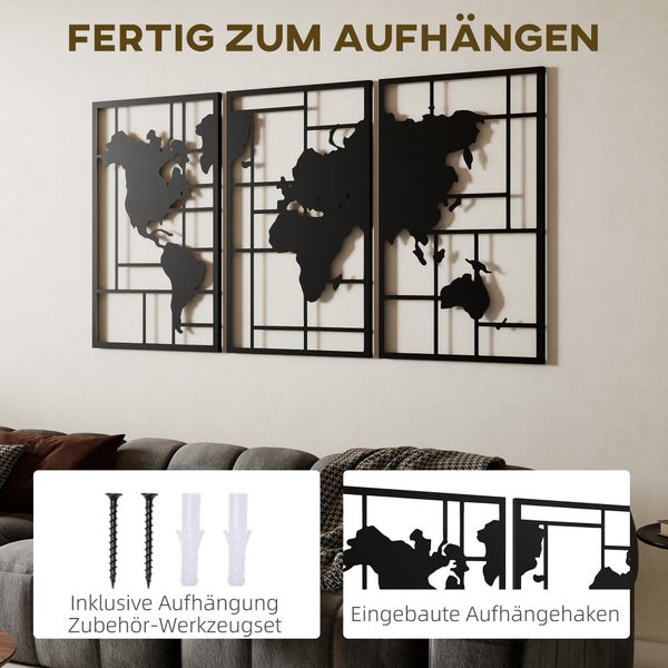 Dreiteiliges Wandbild aus Metall mit Weltkarte im Gitterdesign, inklusive Befestigungsmaterial wie Schrauben, Dübeln und integrierten Haken.