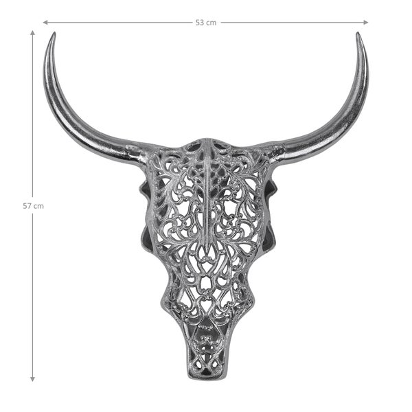 WOMO-DESIGN Schädel mit Hörner Unikat Skulptur Wand Dekoration Matador Büffel Silber 57x35 cm Wandskulptur aus Aluminium mit Nickelbeschichtung, Tierkopf Wohnaccessoire Zeichen Tierschädel Kuhschädel