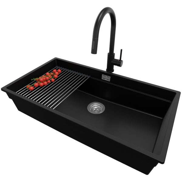 PRIMAGRAN Unterbauspüle Granit Schwarz 86x47cm, Spülbecken 1 Becken + Küchenarmatur 40x20cm + Ablauf-Set + Aufrollbare Abtropffläche, Granitspüle ab 90er Unterschrank - Praga