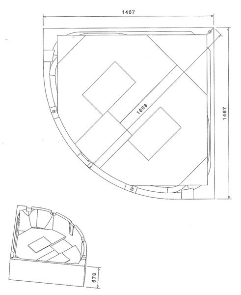 Technische Zeichnung einer Eckbadewanne mit den Maßen 1467 mal 1467 Millimeter und einer Höhe von 570 Millimeter.