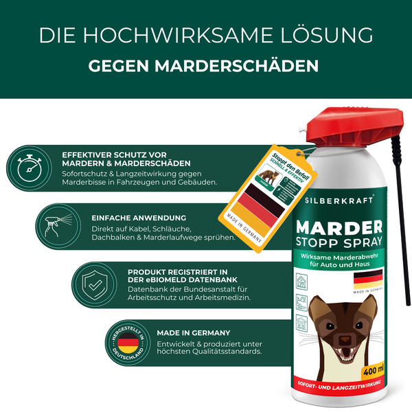 Silberkraft Marder Stopp Spray 400ml, Effektiver Sofort- & Langzeitschutz gegen Marder im Auto, Dachboden & Haus, Verhindert Marderbisse an Kabeln & Schläuchen , Überdeckt Duftmarken für nachhaltige Abwehr
