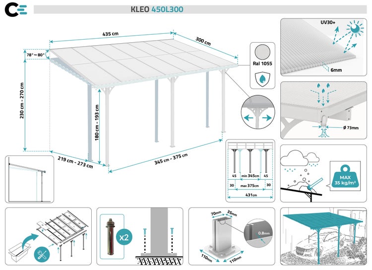 Terrassenüberdachung garten alu Weiß KLEO - Höhe verstellbar 435x300x225/270 cm - mit Polycarbonat Dach Weiß halbtransparent 6mm Auch Pergola/Carport