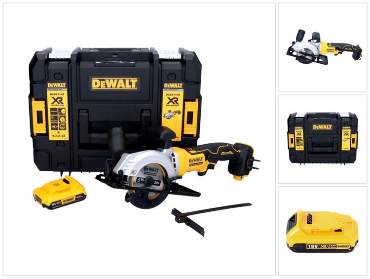DeWalt 18 Volt Akku-Handkreissäge DCS571NT im Set mit TSTAK Werkzeugkoffer, Akku und Parallelanschlag.