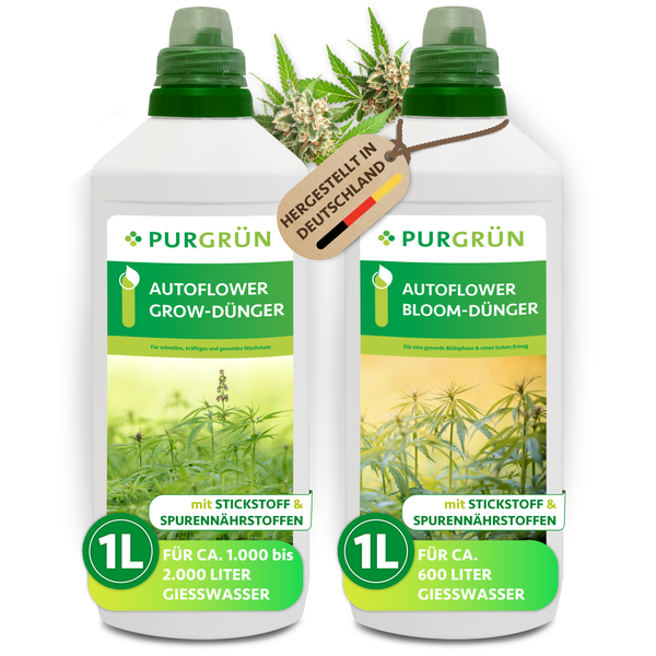 Purgrün Autoflower Grow und Bloom Dünger Set für Cannabispflanzen in zwei 1 Liter Flaschen mit Stickstoff und Spurennährstoffen.