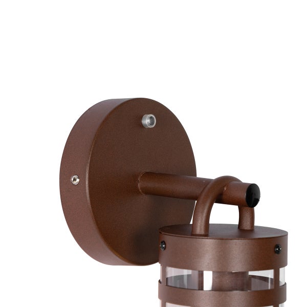 Außenwandleuchte aus Metall in Braun mit runder Wandhalterung und zylindrischem Lampenkopf.