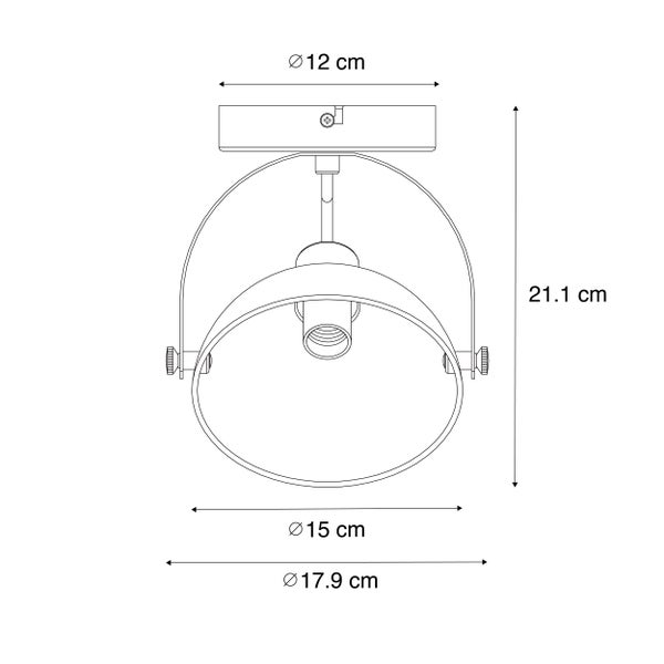 Technische Zeichnung einer Deckenleuchte mit den Maßen 12 cm Durchmesser der Deckenbefestigung, 15 cm Durchmesser des inneren Rings, 17,9 cm Durchmesser des äußeren Rings und 21,1 cm Höhe.