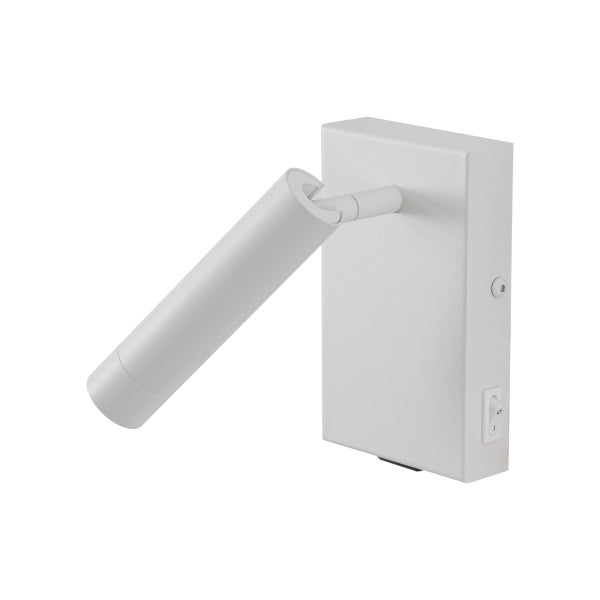 Weiße Wandleuchte mit zylindrischem Strahler, rechteckiger Basis und integriertem Wippschalter.