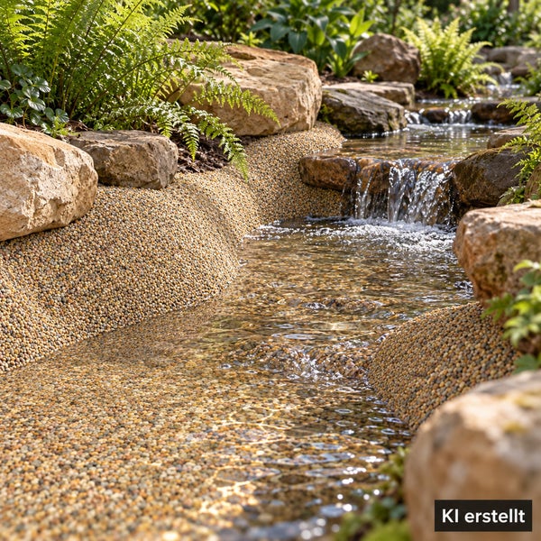 Ein künstlicher Bachlauf im Garten mit Kieselsteinen, großen Natursteinen und Farnen.