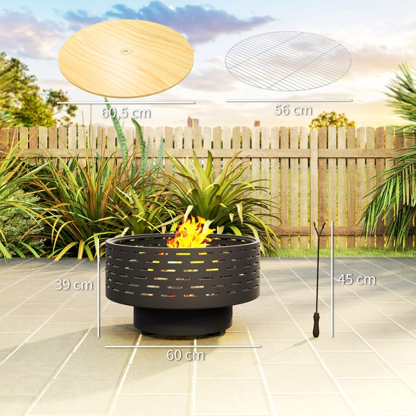 Outsunny 3-in-1 Feuerschale Ø60 x 39cm aus Edelstahl Feuerstelle mit Grillrost Schürhaken Funkenschutz in Holzoptik Feuerschalen Feuerkorb für Garten, Balkon Terrasse, Outdoor BBQ Camping Kohlegrau