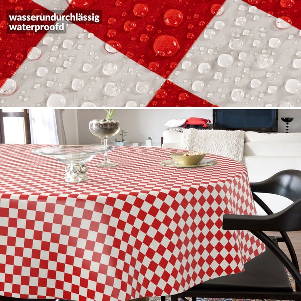 Rund karierte Tischdecke, wasserundurchlässig, in einem Wohnzimmer mit Detailansicht von Wassertropfen.