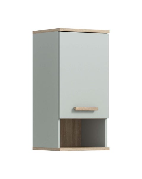Hängeschrank mit einer Tür und einem offenen Fach im Holzdesign für das Badezimmer