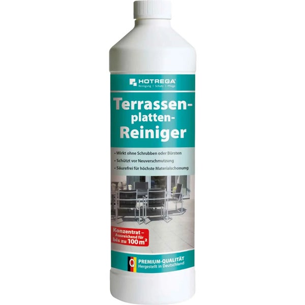 Hotrega Terrassenplattenreiniger Konzentrat in der Flasche zur Reinigung und Pflege von Terrassenbelägen.