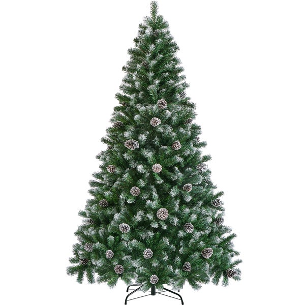 Geschmückter Weihnachtsbaum mit Tannenzapfen und Schnee-Imitation