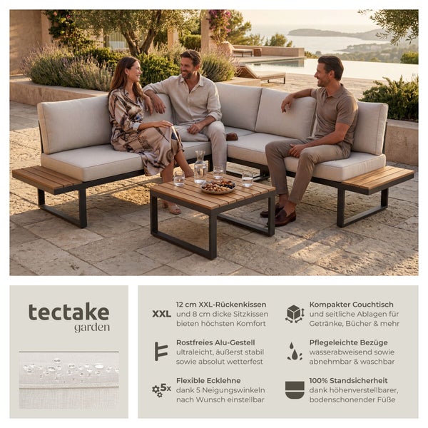 Moderne Gartenlounge mit Ecksofa, beigen Polstern, Holztischen und Aluminiumgestell. Merkmale sind verstellbare Rückenlehnen und wasserabweisender Stoff.