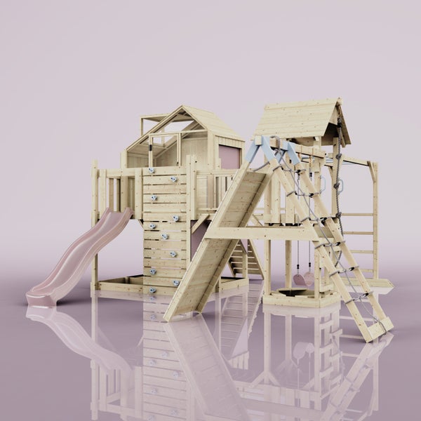 Spielplatz aus Holz mit Rutsche, Kletterwand und Schaukel