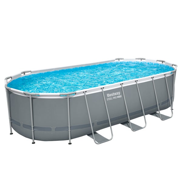 Bestway Steel Pro Max Aufstellpool mit Stahlrahmen, oval, grau, mit Wasser gefüllt.