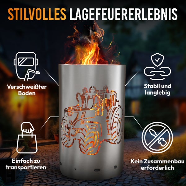 Feuertonne aus Stahl mit Traktormotiv für ein stilvolles Lagerfeuererlebnis, verschweißter Boden für Stabilität, leicht zu transportieren und kein Zusammenbau erforderlich