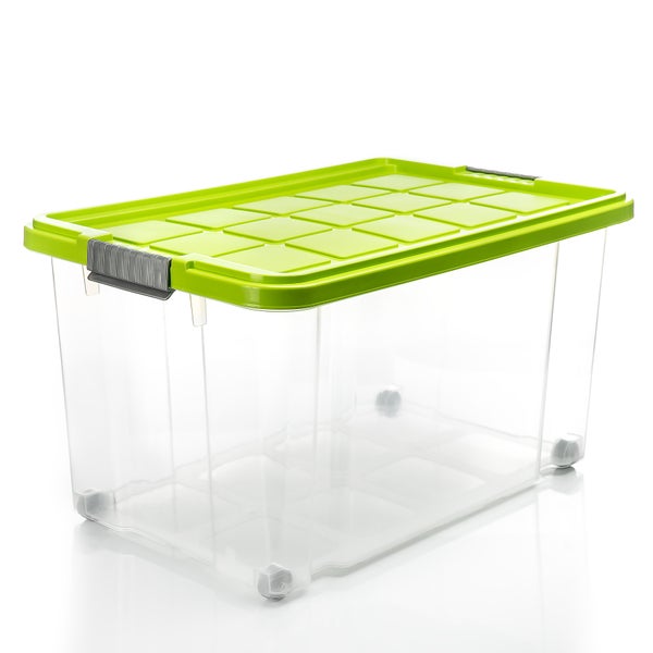 BigDean 4 Stück 60 L Aufbewahrungsbox mit Deckel groß limegrün - stapelbare robuste Box BPA-frei - rollbare Stapelbox mit festen Klickverschlüssen - Made in Germany