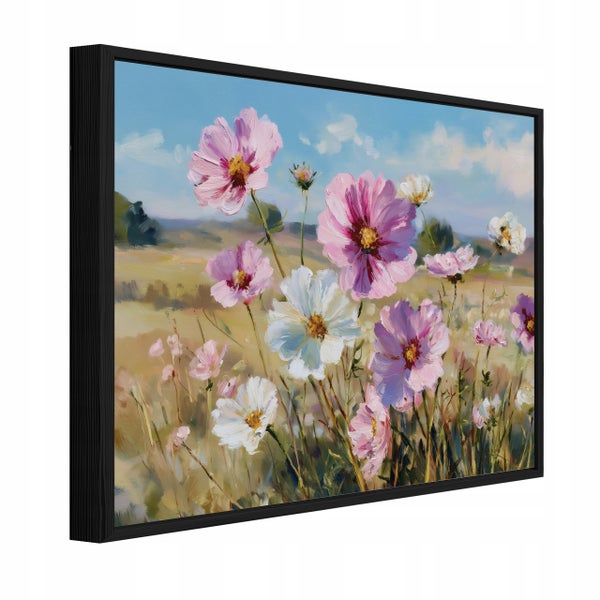 Gerahmtes Wandbild mit Ölgemälde-Stil von rosa und weißen Kosmosblumen auf einer Wiese unter blauem Himmel, in einem schmalen schwarzen Rahmen.
