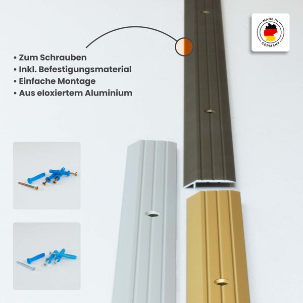 Übergangsprofil aus eloxiertem Aluminium zum Schrauben, inklusive Befestigungsmaterial, hergestellt in Deutschland.