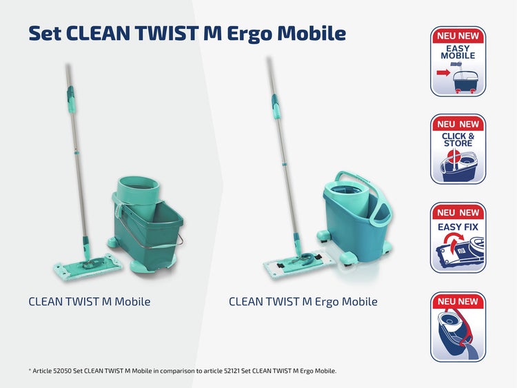 Leifheit Set Clean Twist M Flachwischer Ergo 2.0 mit Rollen, Bodenwischer mit Supersoft Bezug für nebelfeuchte Reinigung auf Parkett, Laminat & Echtholz, Mop mit Click-System und Schleudertechnologie