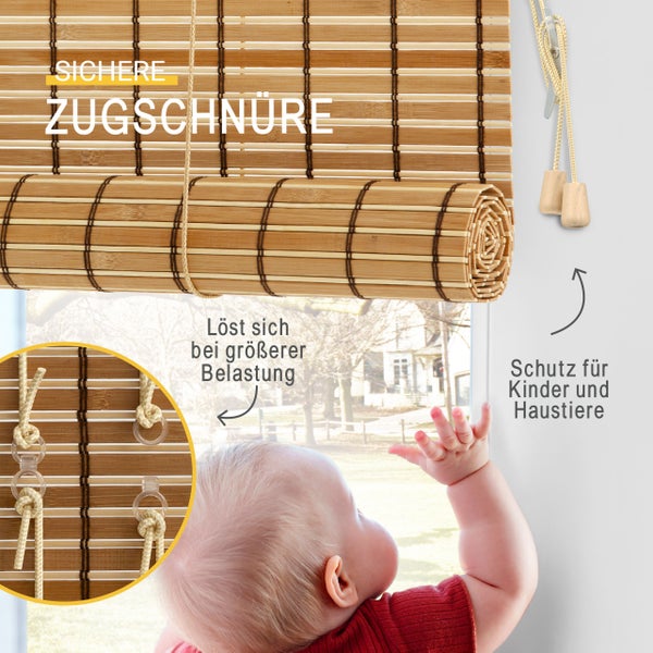 Bambus-Rollo mit kindersicheren Zugschnüren, die sich bei Belastung lösen, zum Schutz von Kindern und Haustieren.