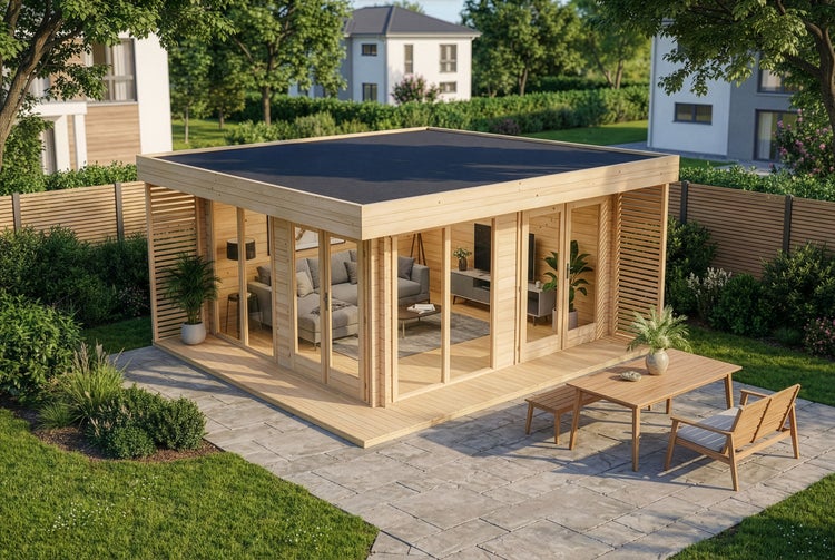 Modernes Gartenhaus aus Holz mit Flachdach, großen Glasfronten und integrierter Terrasse in einem gestalteten Garten.