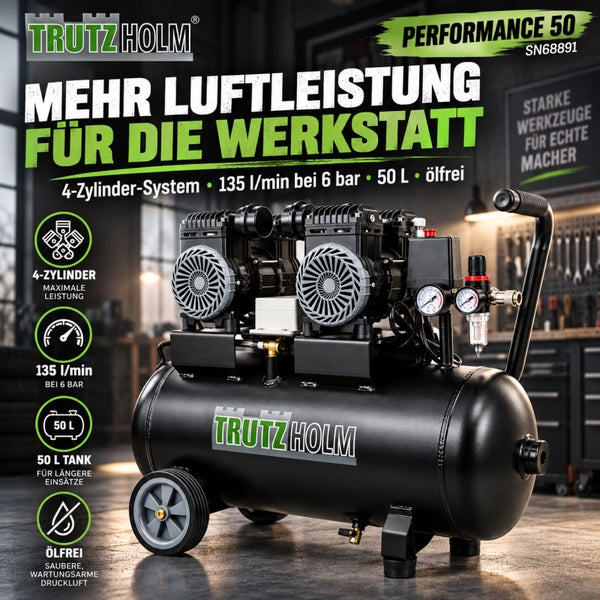 Trutzholm Performance 50 Kompressor mit 4 Zylinder System, 50 Liter Kessel, 135 Liter pro Minute bei 6 Bar und ölfreiem Betrieb in Werkstatt.