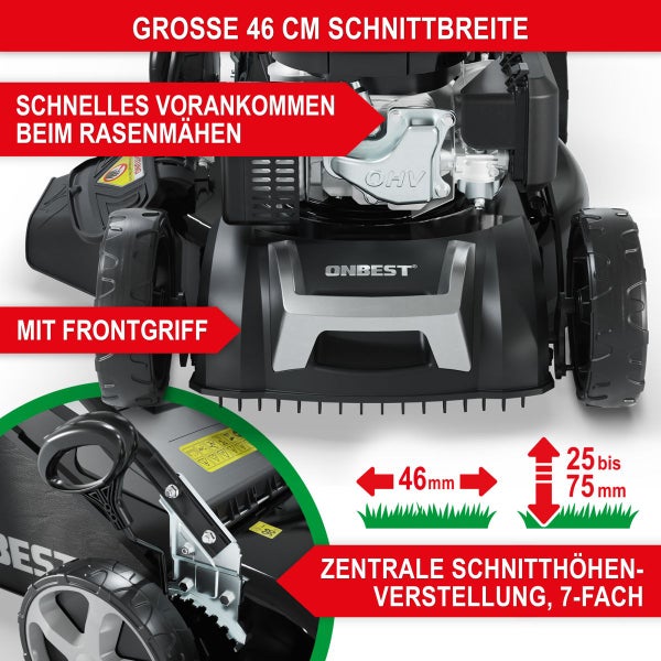 Benzin-Rasenmäher Onbest mit 46 Zentimeter Schnittbreite, Frontgriff und 7-facher zentraler Schnitthöhenverstellung von 25 bis 75 Millimeter.